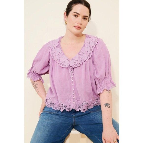 NWT Size S - By Anthropologie Linen Blend Lace-Collar Blouse (NWT US$ 128) - Picture 4 of 16